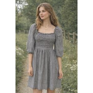 Mango Black White Gingham Smocked Puff Sleeve Mini Dress Size 2 Cotton EUC